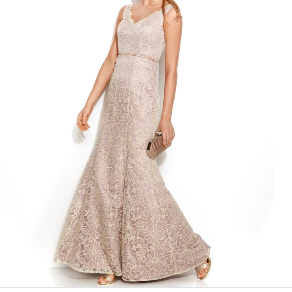 JS Collection Lace Golden  Purple Gown